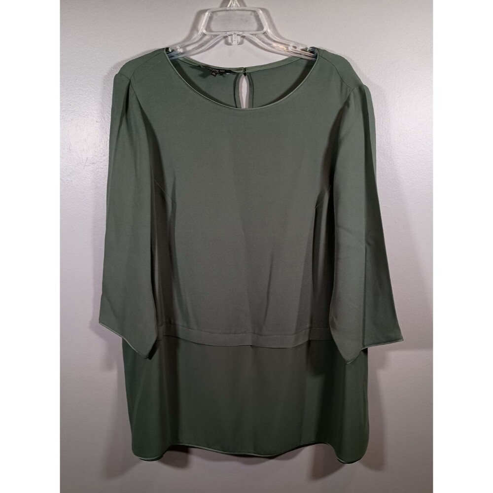 Lafayette 148 Silk Plus Size 1X Olive Green Layered Chiffon 3/4 Sleeve Top